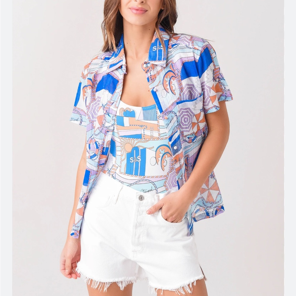 Solid and Striped Cotton Beach Print Shirt - Medium
